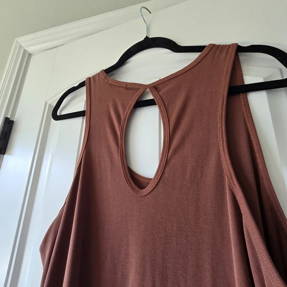 Mod Ref Rust Brown Micro Ribbed High Low Midi Dress Keyhole Back Minimalist Sz L - Picture 3 of 11